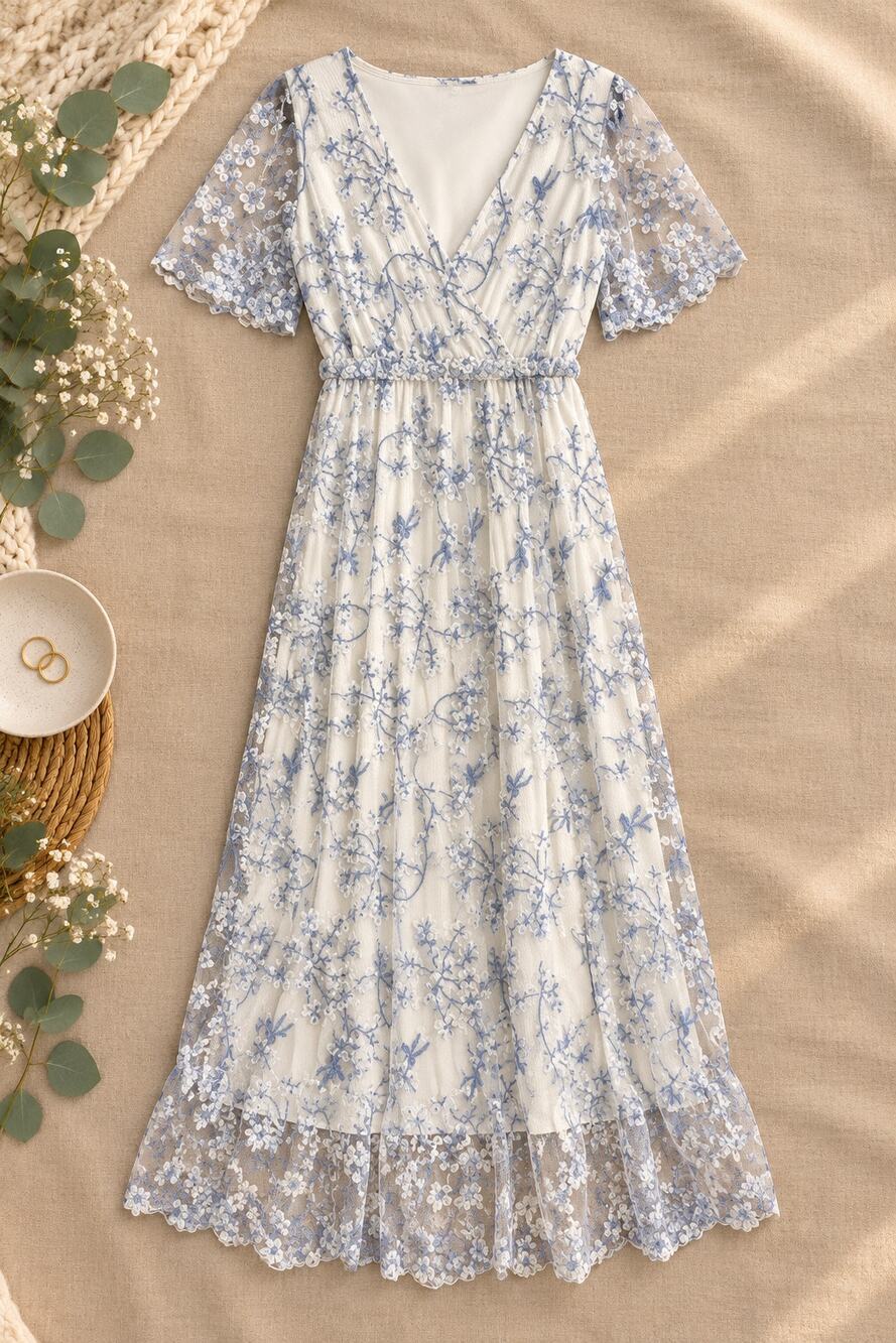 Baltic Born Marseille Embroidered Maxi Dress Blue White Floral Ethereal Size 1XL